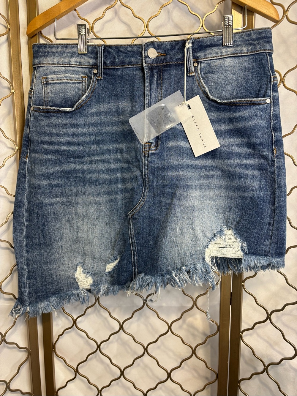 NWT Risen Asymmetrical Denim Frayed Hem Distressed Mini Skirt - Blue in Size 1XL